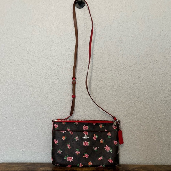 Coach Signature Canvas Leather Crossbody East West Pop Brown Floral Red Pink - Picture 9 of 9